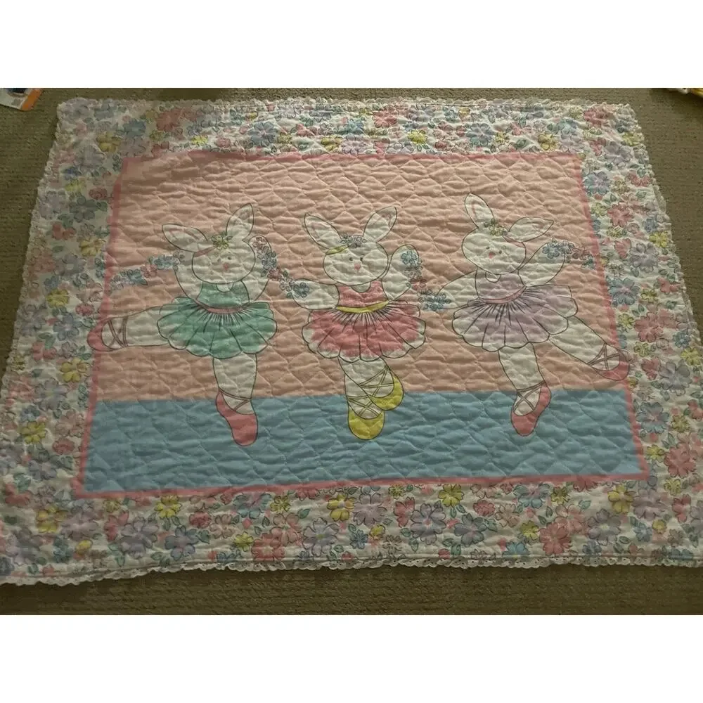 Vintage Handmade Ballerina‎ Bunny Rabbits Pastel Floral Baby Blanket